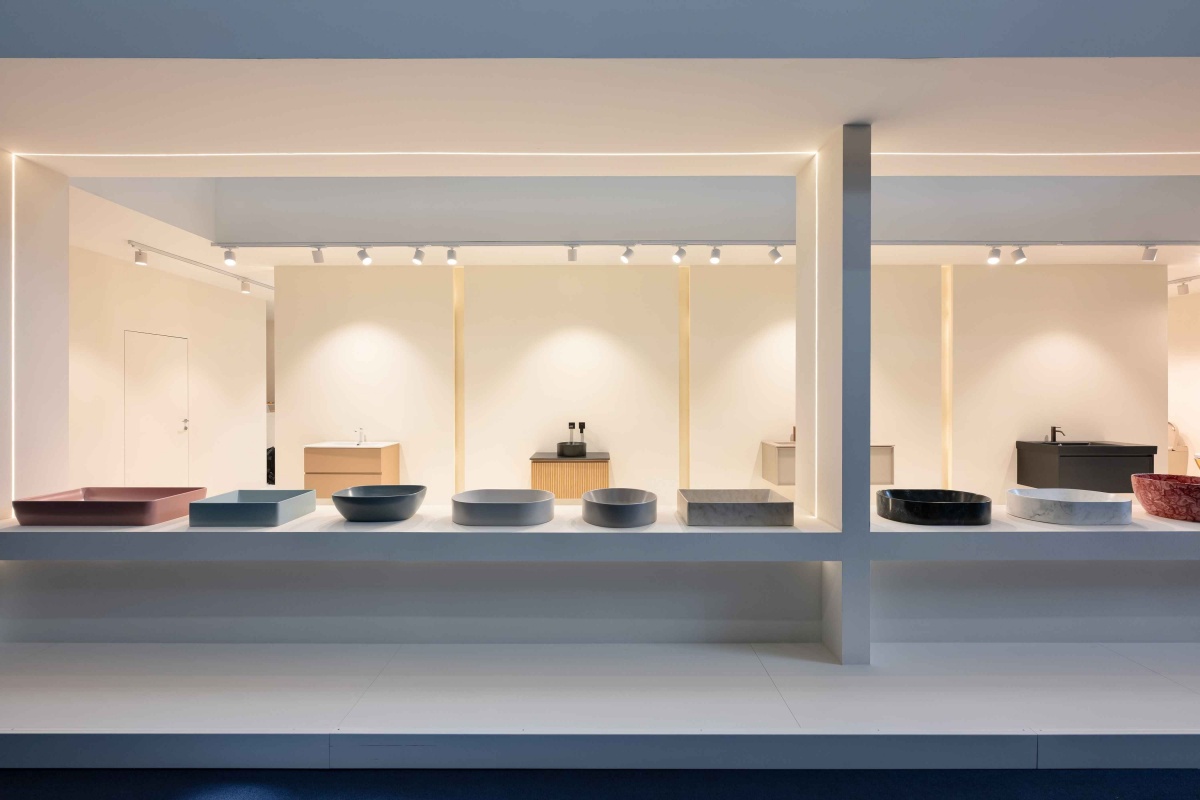 View of the GSI Ceramica stand at Cersaie 2026, conceived as an open gallery designed to showcase the ceramic collections