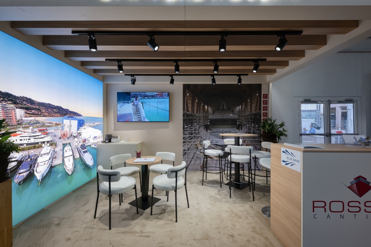 Cantiere Rossini exhibition stand created by Barberini Allestimenti for the Monaco Yacht Show 2026