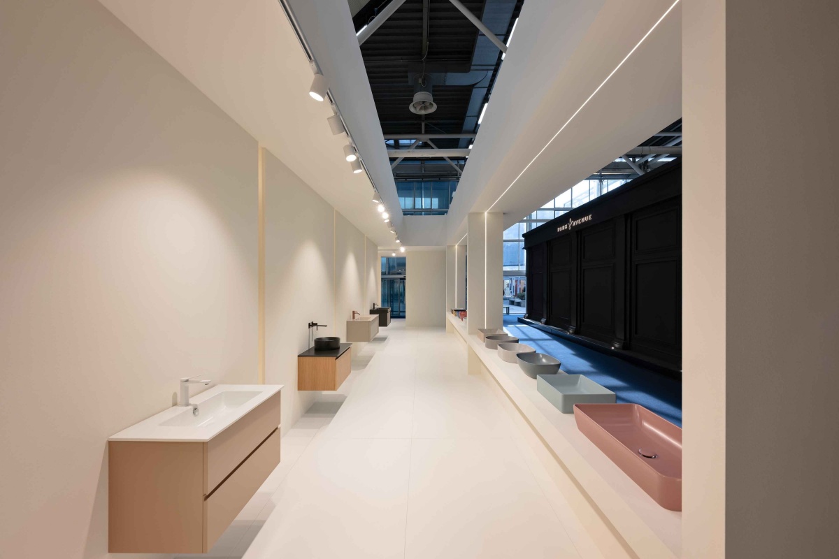 Display detail of the GSI Ceramica stand at Cersaie 2026, with products, shapes and finishes at the centre of the space